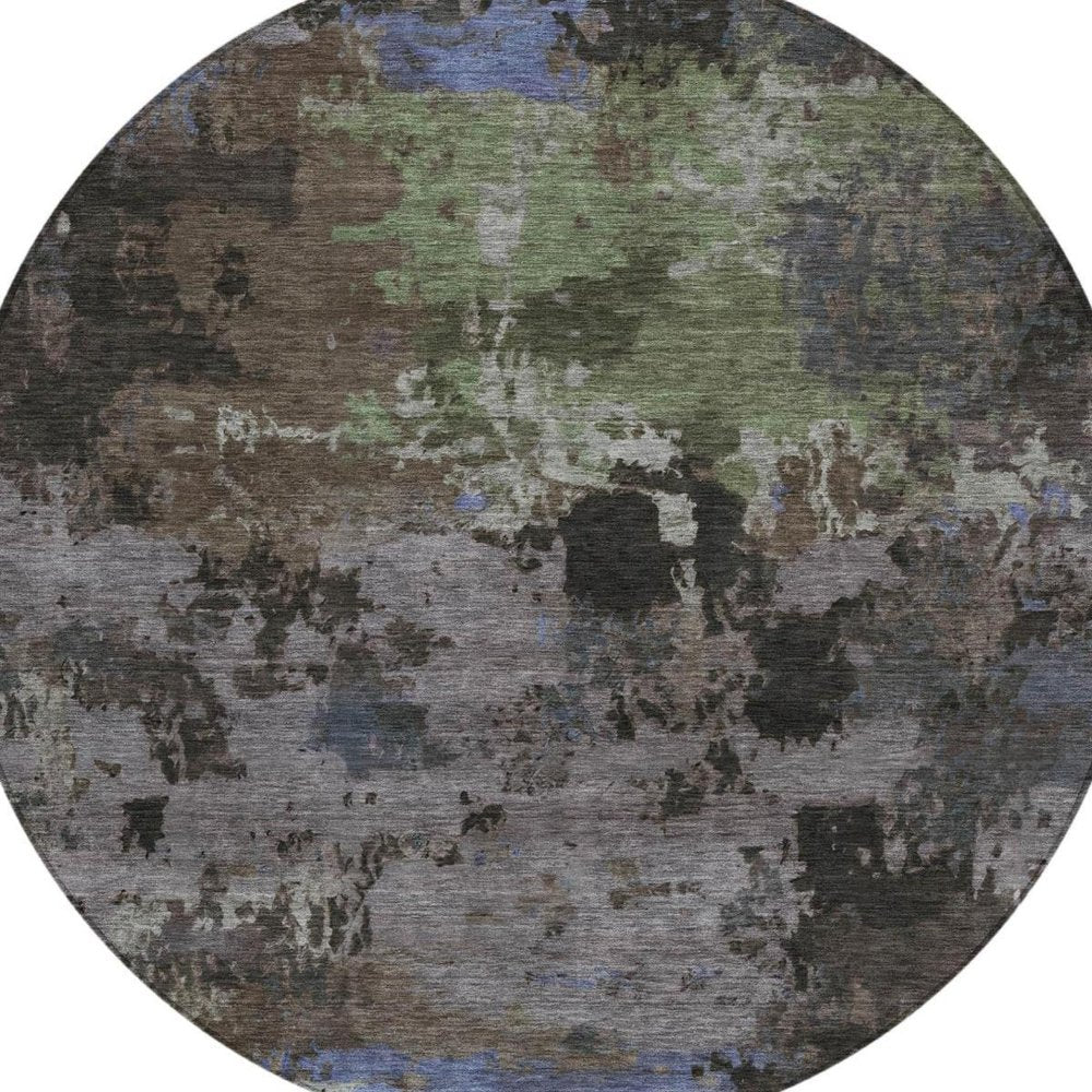 8' Brown And Graphite Round Abstract Washable Indoor Outdoor Area Rug — view 8