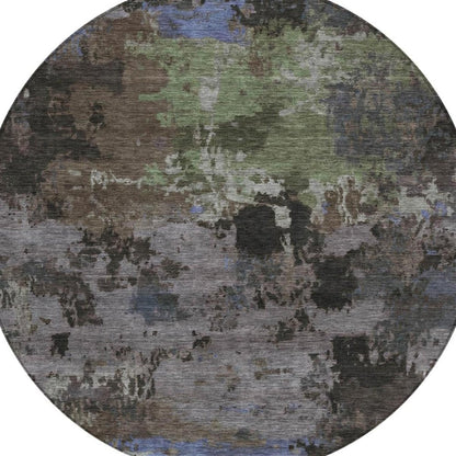 8' Brown And Graphite Round Abstract Washable Indoor Outdoor Area Rug
