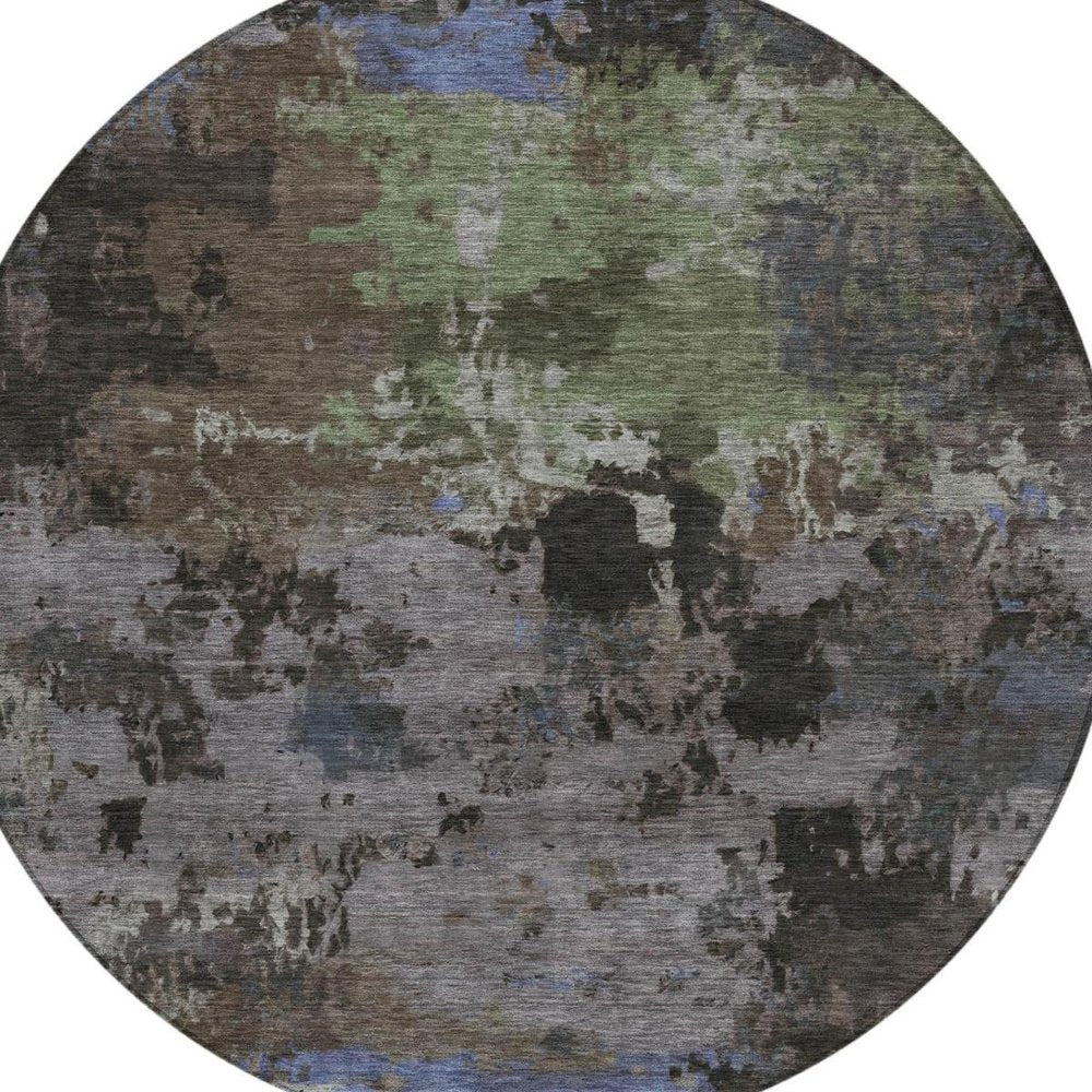 8' Brown And Graphite Round Abstract Washable Indoor Outdoor Area Rug — view 9