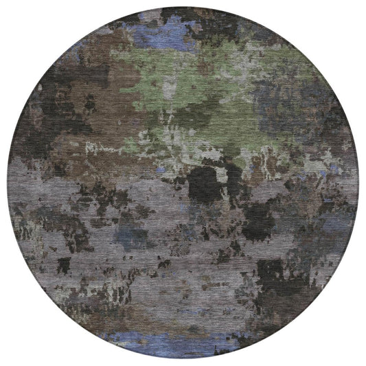 8' Brown And Graphite Round Abstract Washable Indoor Outdoor Area Rug