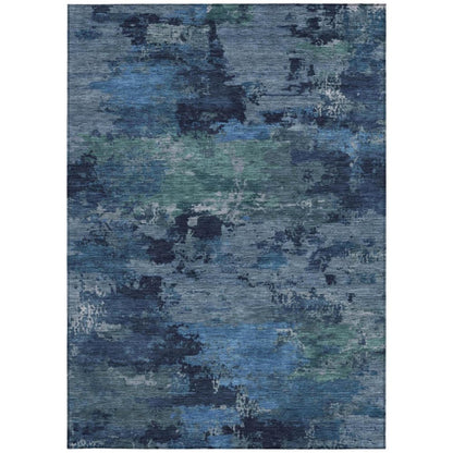 9' X 12' Blue And Navy Blue Abstract Washable Indoor Outdoor Area Rug