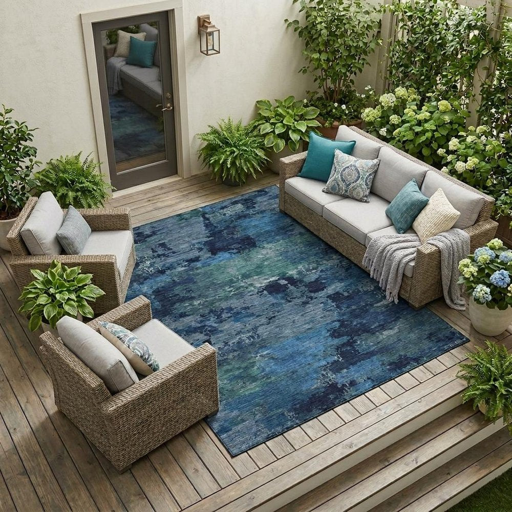 10' X 14' Blue And Navy Blue Abstract Washable Indoor Outdoor Area Rug HomeRoots