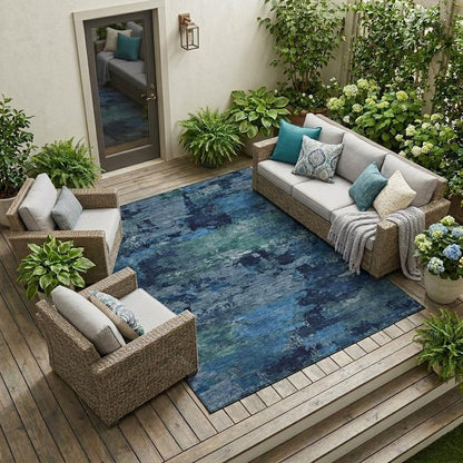 10' X 14' Blue And Navy Blue Abstract Washable Indoor Outdoor Area Rug HomeRoots