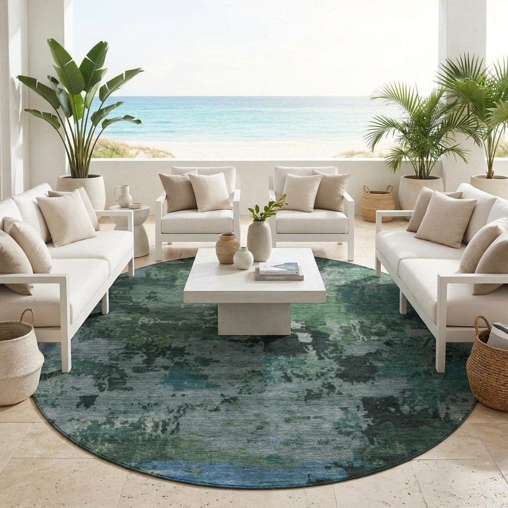8' Green And Graphite Round Abstract Washable Indoor Outdoor Area Rug — view 5