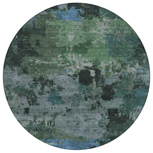 8' Green And Graphite Round Abstract Washable Indoor Outdoor Area Rug