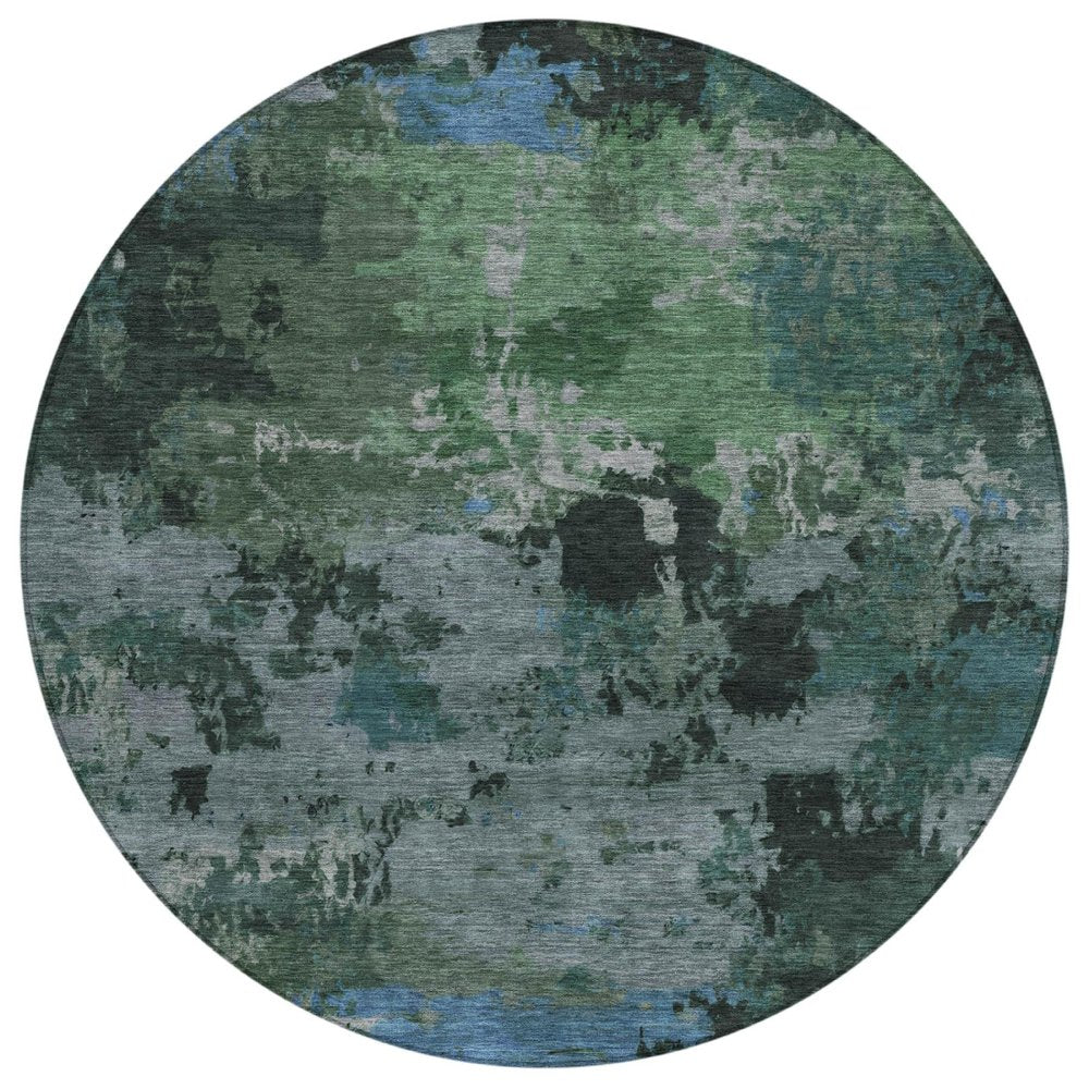 8' Green And Graphite Round Abstract Washable Indoor Outdoor Area Rug — view 1
