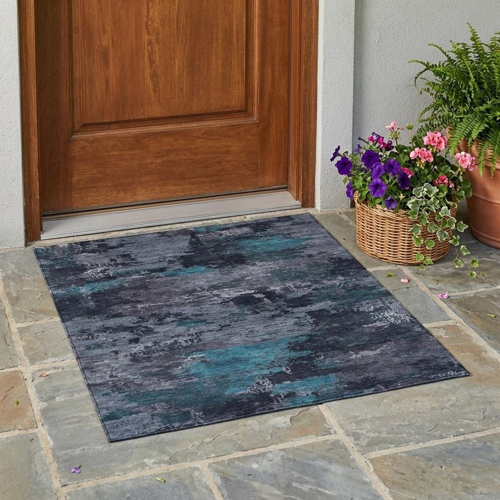 3' X 5' Teal Blue And Graphite Abstract Washable Indoor Outdoor Area Rug — view 5