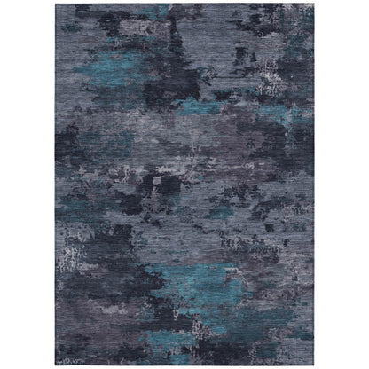 3' X 5' Teal Blue And Graphite Abstract Washable Indoor Outdoor Area Rug