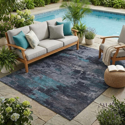 5' X 8' Teal Blue And Graphite Abstract Washable Indoor Outdoor Area Rug HomeRoots