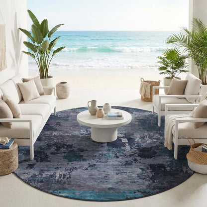 8' Teal Blue And Graphite Round Abstract Washable Indoor Outdoor Area Rug