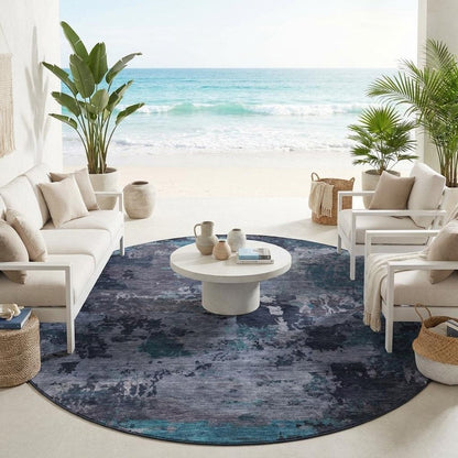 8' Teal Blue And Graphite Round Abstract Washable Indoor Outdoor Area Rug HomeRoots
