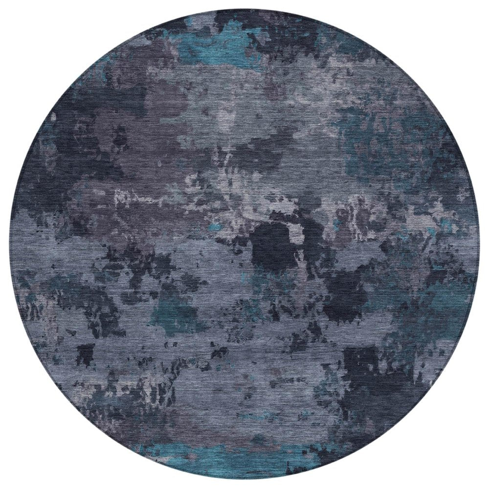 8' Teal Blue And Graphite Round Abstract Washable Indoor Outdoor Area Rug HomeRoots