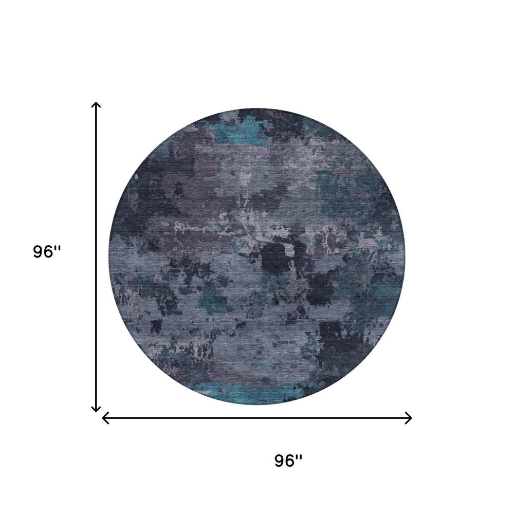 8' Teal Blue And Graphite Round Abstract Washable Indoor Outdoor Area Rug — view 4