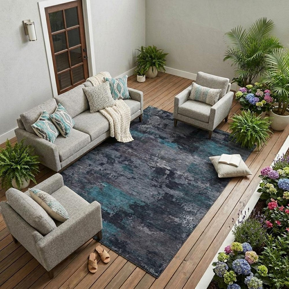 8' X 10' Teal Blue And Graphite Abstract Washable Indoor Outdoor Area Rug HomeRoots