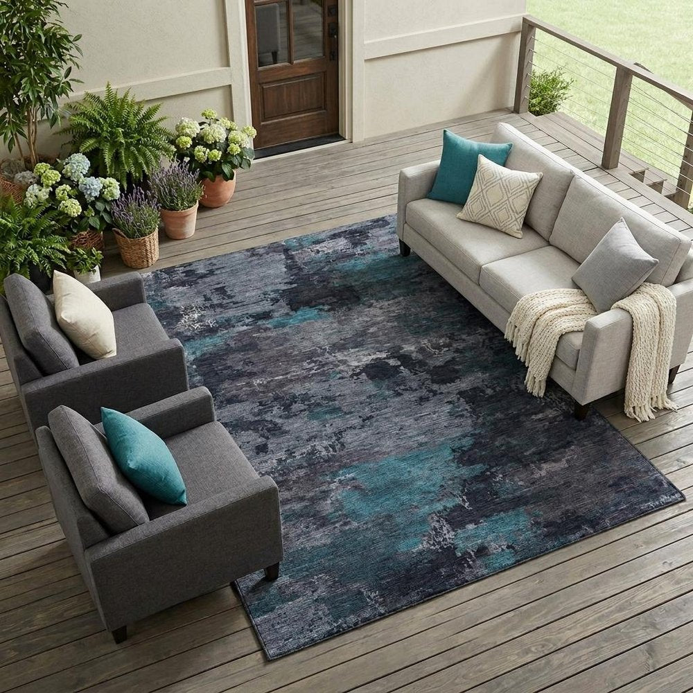 9' X 12' Teal Blue And Graphite Abstract Washable Indoor Outdoor Area Rug HomeRoots