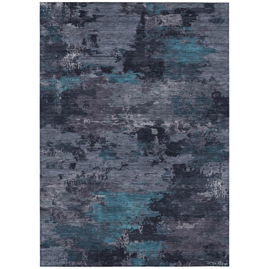 9' X 12' Teal Blue And Graphite Abstract Washable Indoor Outdoor Area Rug