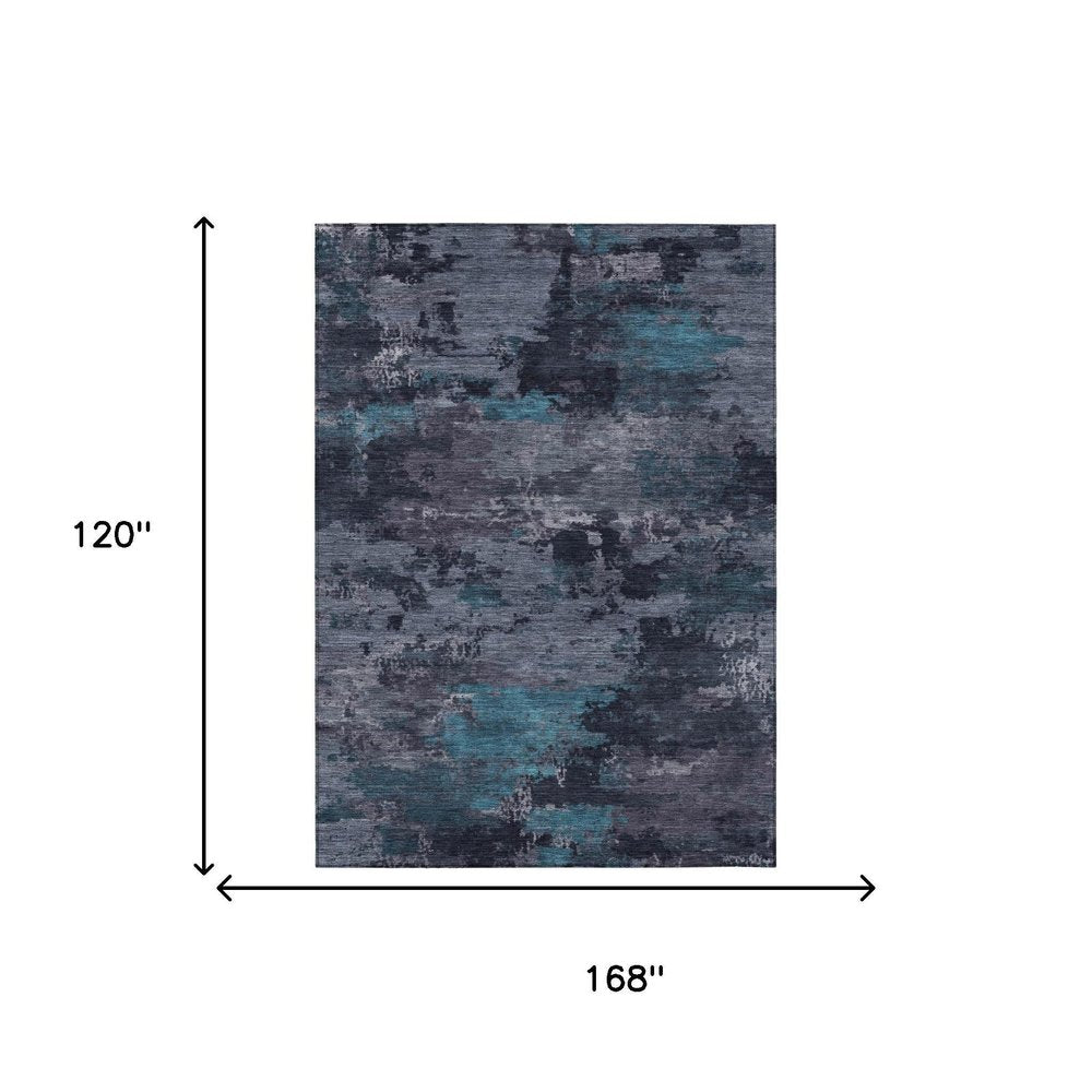 10' X 14' Teal Blue And Graphite Abstract Washable Indoor Outdoor Area Rug — view 9