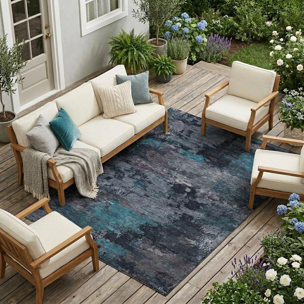 10' X 14' Teal Blue And Graphite Abstract Washable Indoor Outdoor Area Rug HomeRoots