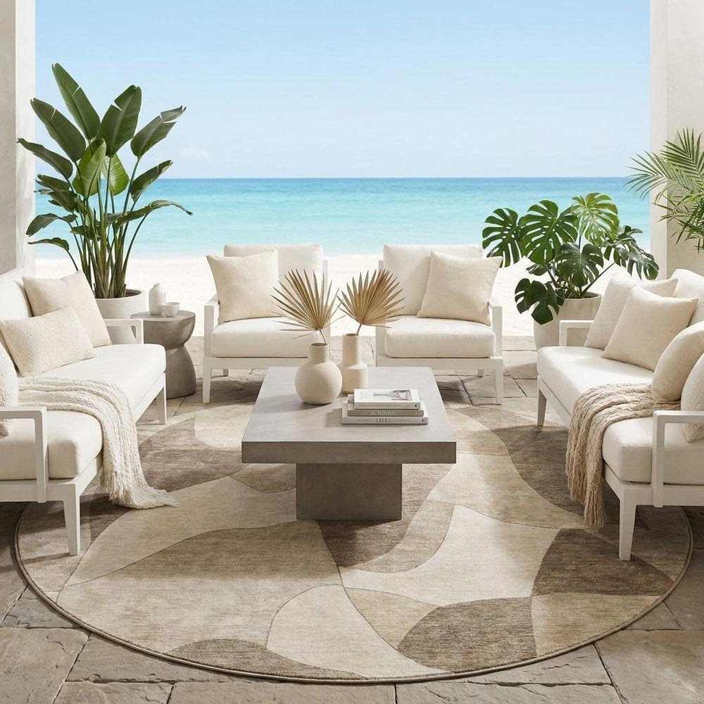 8' Beige And Brown Round Abstract Washable Indoor Outdoor Area Rug HomeRoots