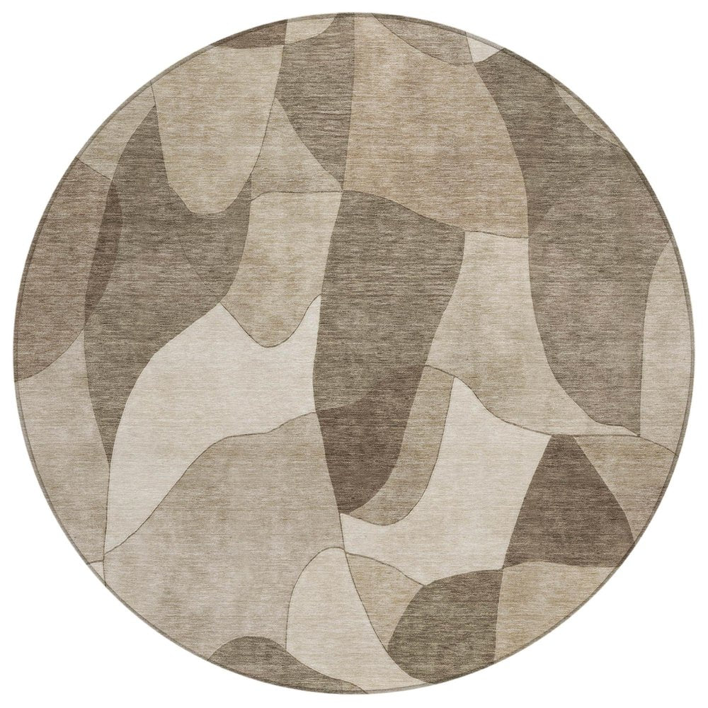 8' Beige And Brown Round Abstract Washable Indoor Outdoor Area Rug — view 1