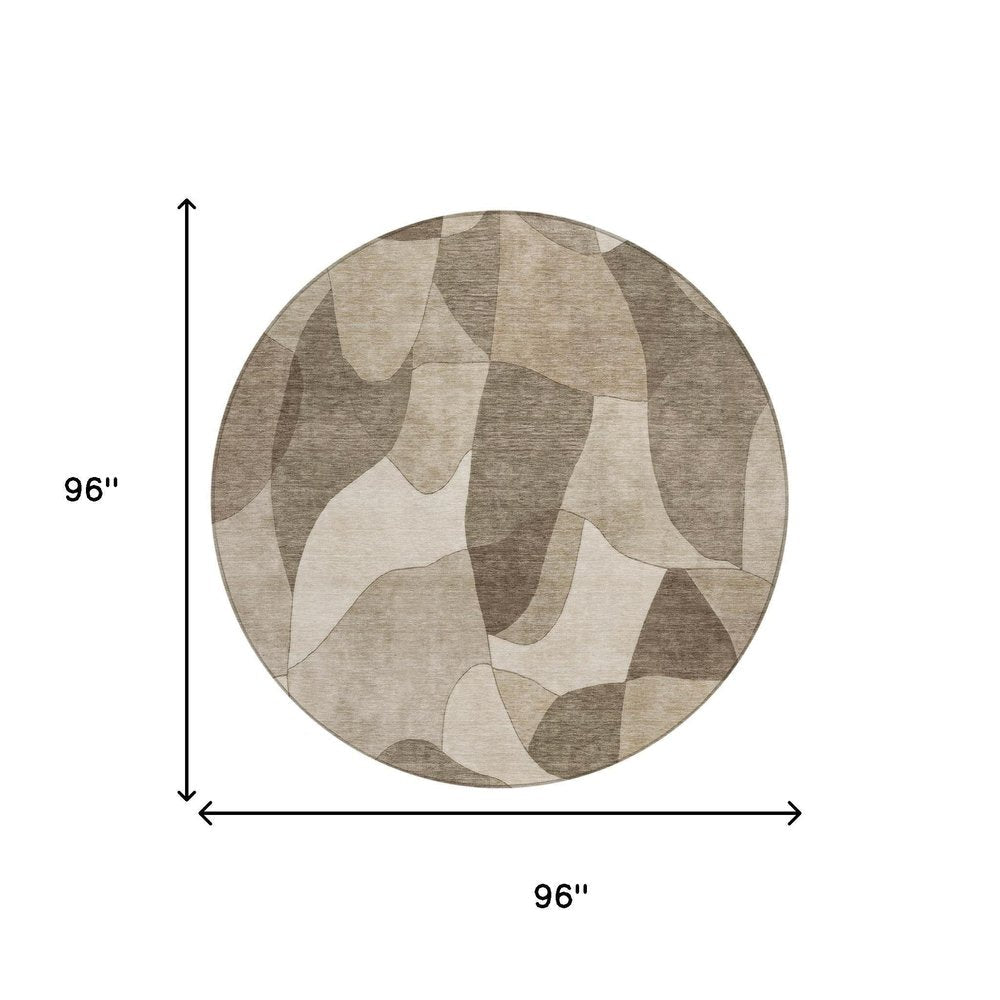 8' Beige And Brown Round Abstract Washable Indoor Outdoor Area Rug HomeRoots