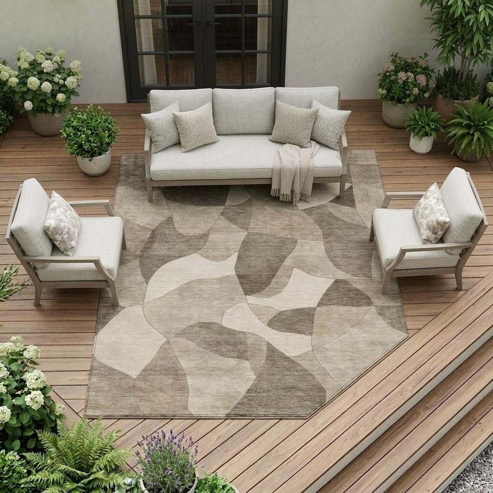 8' X 10' Beige And Brown Abstract Washable Indoor Outdoor Area Rug — view 5