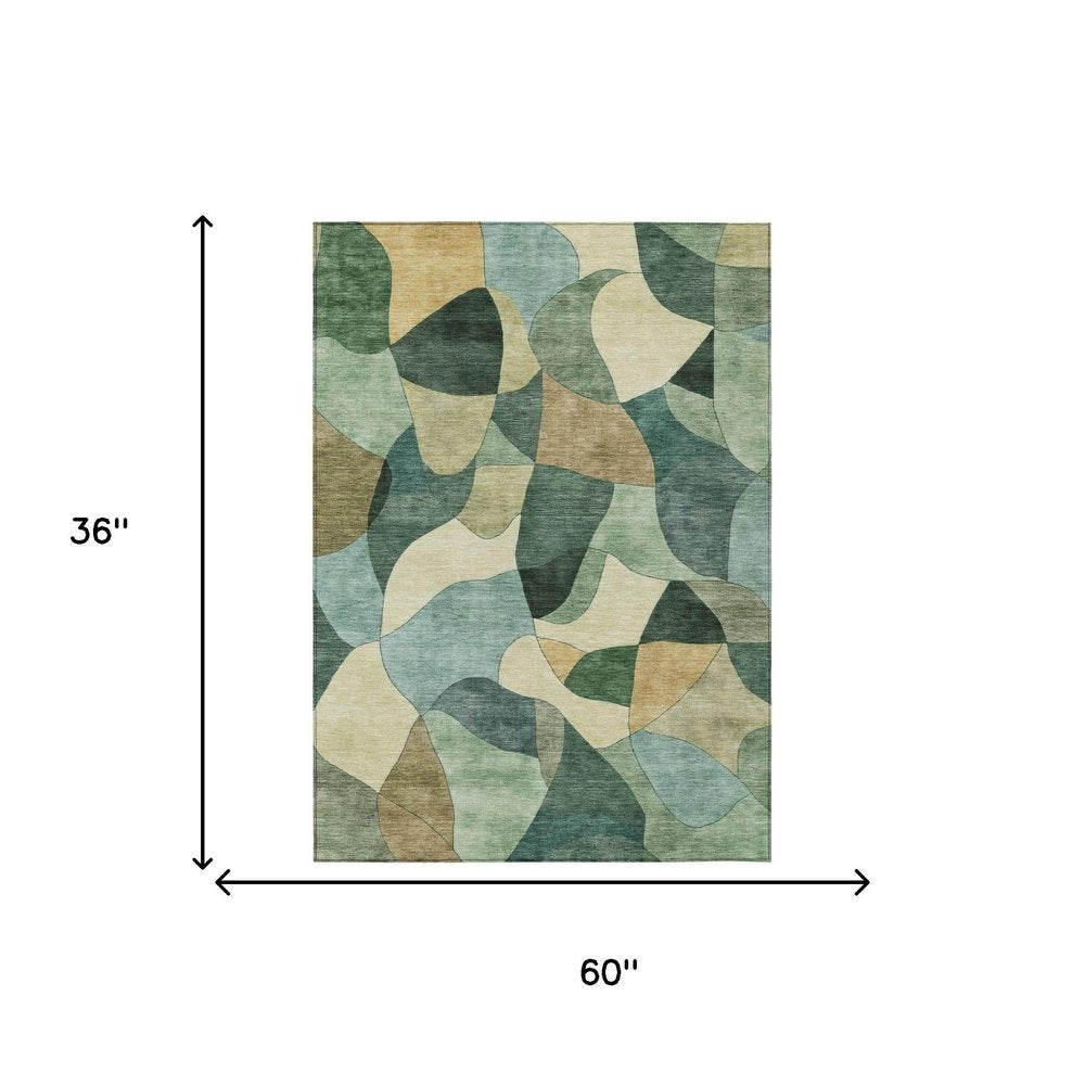 3' X 5' Green And Beige Abstract Washable Indoor Outdoor Area Rug HomeRoots
