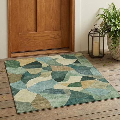 3' X 5' Green And Beige Abstract Washable Indoor Outdoor Area Rug HomeRoots