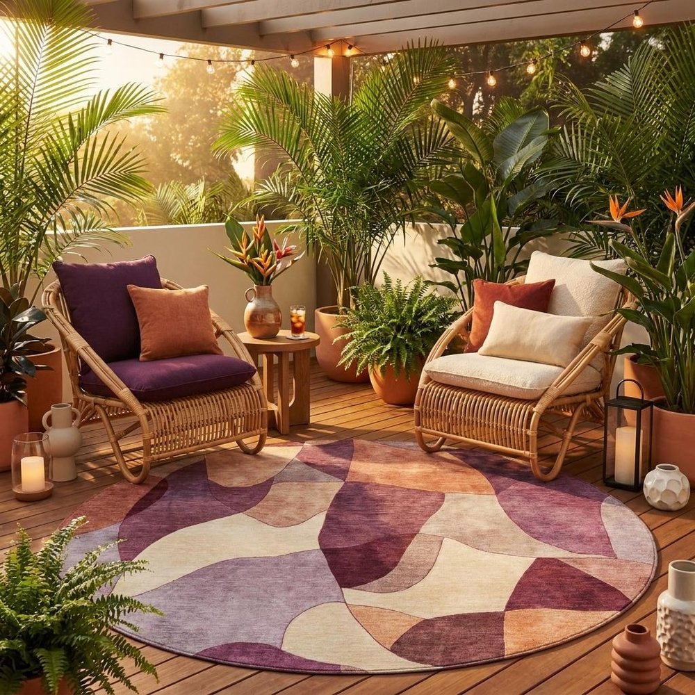 8' Merlot And Red Round Abstract Washable Indoor Outdoor Area Rug HomeRoots