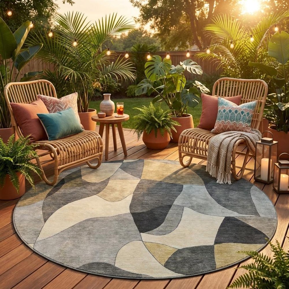 8' Pewter And Gray Round Abstract Washable Indoor Outdoor Area Rug HomeRoots