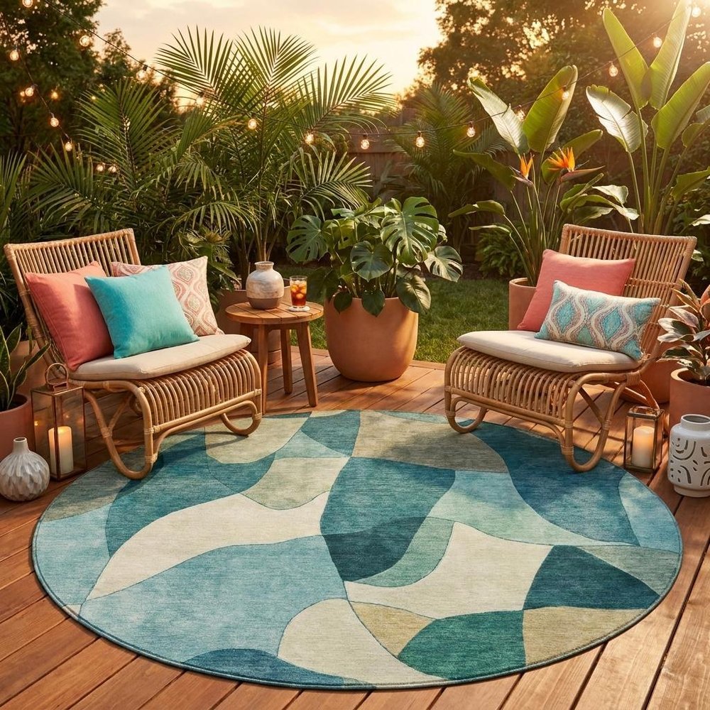 8' Teal Blue And Beige Round Abstract Washable Indoor Outdoor Area Rug HomeRoots