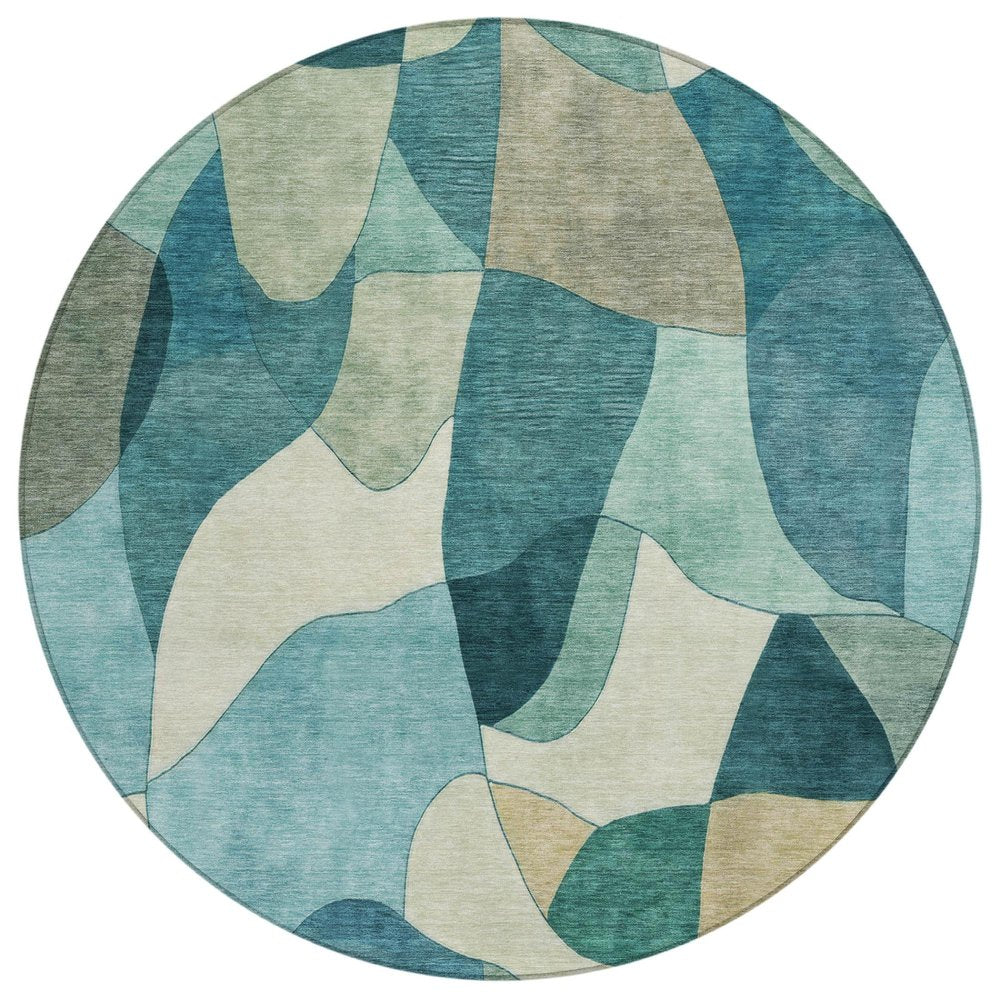 8' Teal Blue And Beige Round Abstract Washable Indoor Outdoor Area Rug HomeRoots