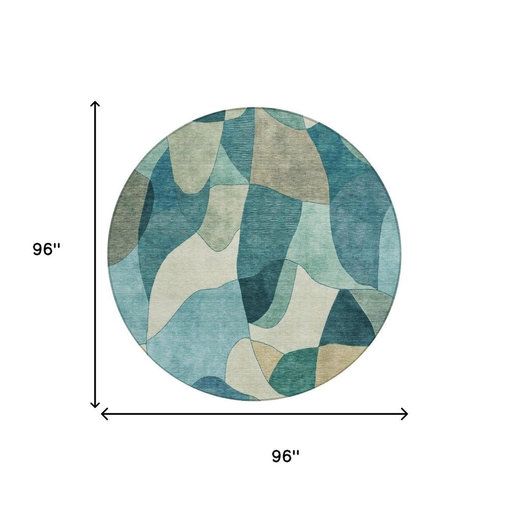 8' Teal Blue And Beige Round Abstract Washable Indoor Outdoor Area Rug HomeRoots