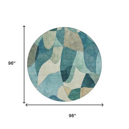 8' Teal Blue And Beige Round Abstract Washable Indoor Outdoor Area Rug HomeRoots