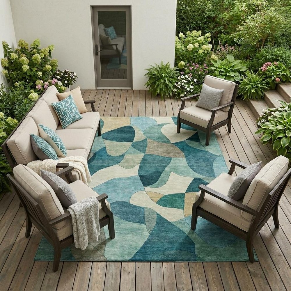8' X 10' Teal Blue And Beige Abstract Washable Indoor Outdoor Area Rug HomeRoots
