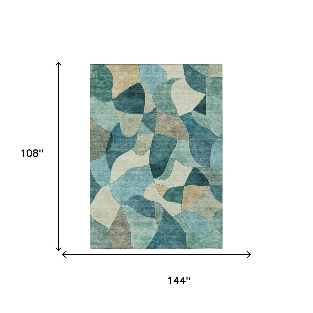 9' X 12' Teal Blue And Beige Abstract Washable Indoor Outdoor Area Rug HomeRoots