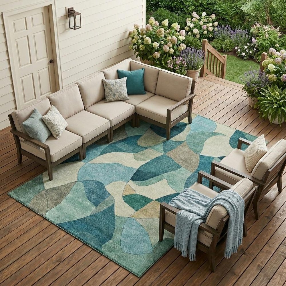 10' X 14' Teal Blue And Beige Abstract Washable Indoor Outdoor Area Rug HomeRoots