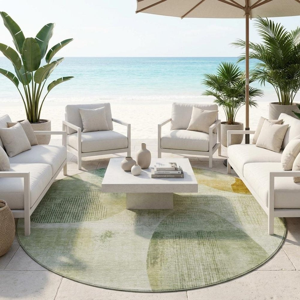 8' Green And Ivory Round Geometric Washable Indoor Outdoor Area Rug HomeRoots