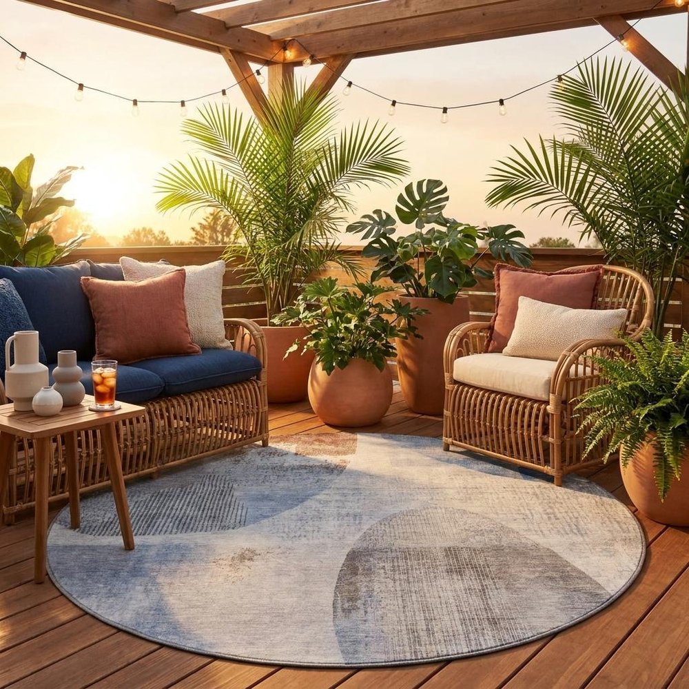 8' Blue And Silver Round Geometric Washable Indoor Outdoor Area Rug HomeRoots