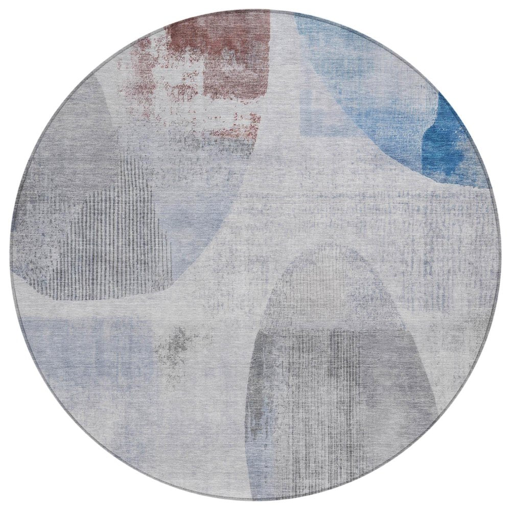 8' Blue And Silver Round Geometric Washable Indoor Outdoor Area Rug HomeRoots