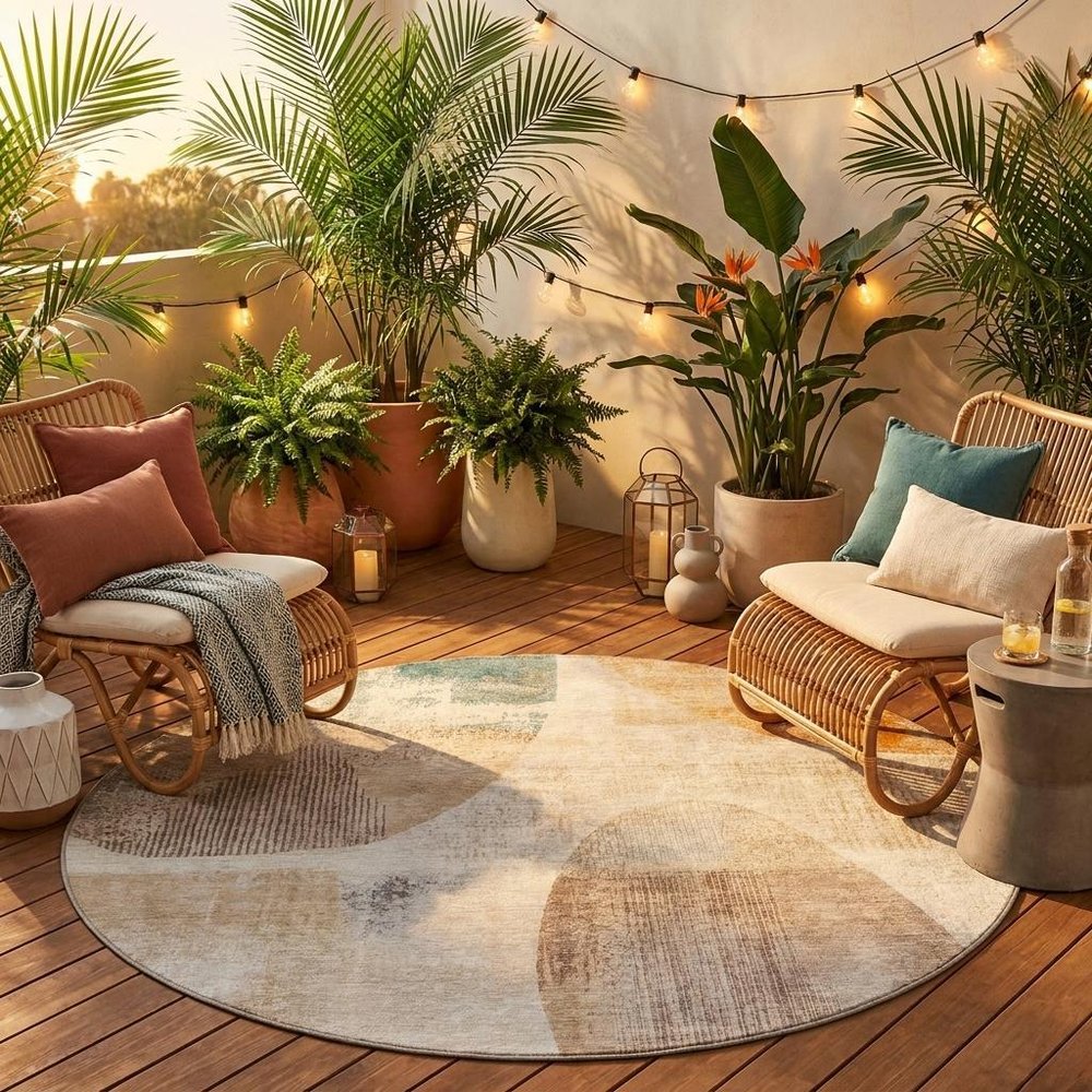 8' Ivory And Silver Round Geometric Washable Indoor Outdoor Area Rug HomeRoots