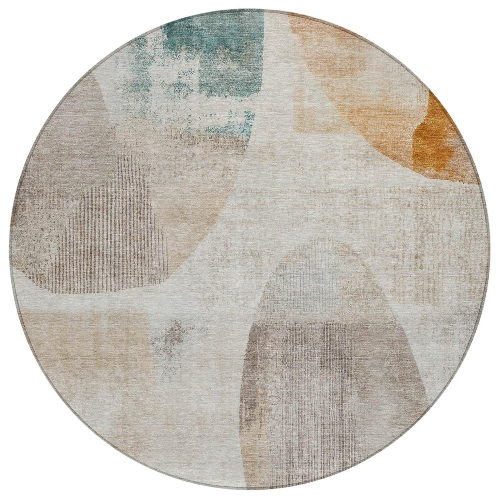 8' Ivory And Silver Round Geometric Washable Indoor Outdoor Area Rug HomeRoots