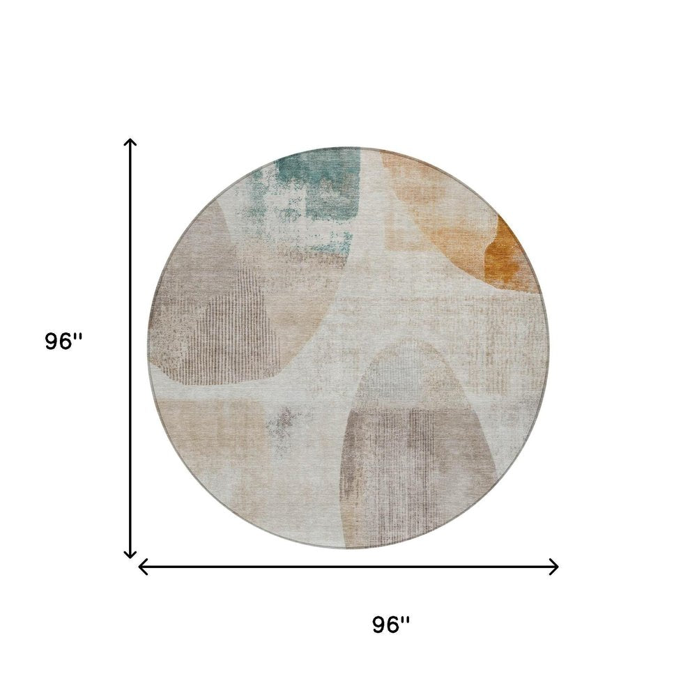 8' Ivory And Silver Round Geometric Washable Indoor Outdoor Area Rug HomeRoots