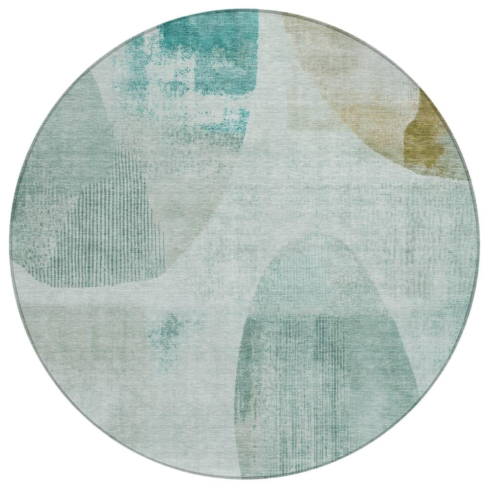8' Teal Blue And Silver Round Geometric Washable Indoor Outdoor Area Rug HomeRoots