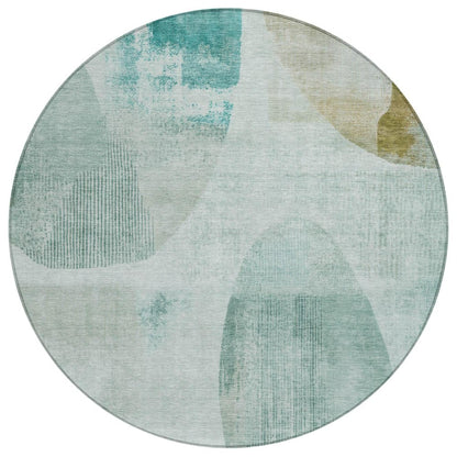 8' Teal Blue And Silver Round Geometric Washable Indoor Outdoor Area Rug HomeRoots