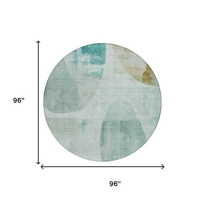 8' Teal Blue And Silver Round Geometric Washable Indoor Outdoor Area Rug HomeRoots