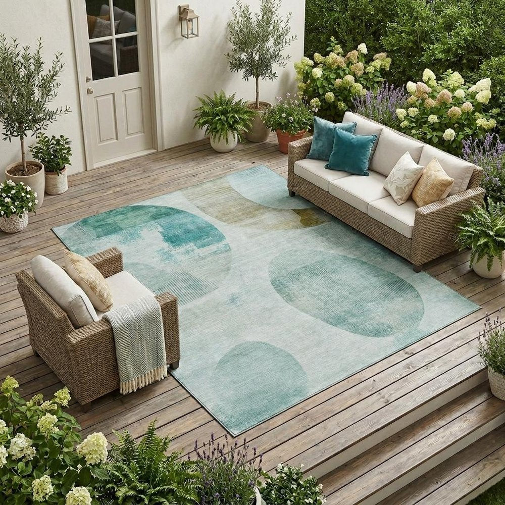 8' X 10' Teal Blue And Silver Geometric Washable Indoor Outdoor Area Rug HomeRoots