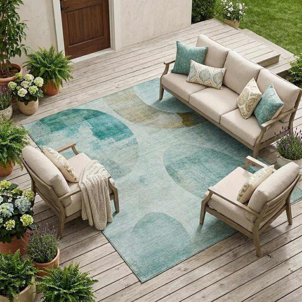 10' X 14' Teal Blue And Silver Geometric Washable Indoor Outdoor Area Rug HomeRoots
