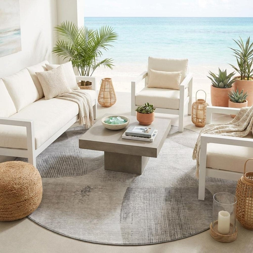 8' Taupe And Brown Round Geometric Washable Indoor Outdoor Area Rug HomeRoots