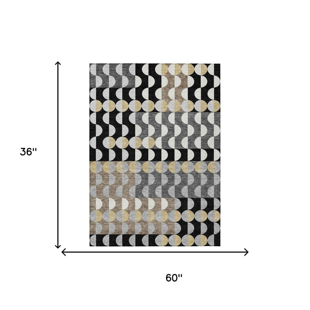 3' X 5' Black And Silver Geometric Washable Indoor Outdoor Area Rug HomeRoots